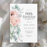 Convite Rosa Feminina e Beige Floral 60ª Festa de aniversá<br><div class="desc">Um convite de festas lindamente feminino para celebrar o 60º aniversário em estilo elegante, este charmoso design floral de aquarela é bordado de rosas cor-de-rosa e pêssego e papoilas com adoráveis paisagens de eucalipto verde. Todo o texto pode ser personalizado para o seu partido, incluindo a idade do convidado de...</div>