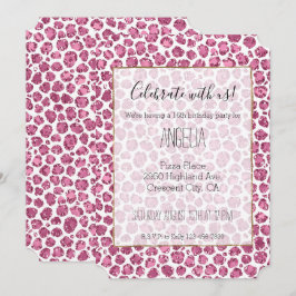 Convite Rosa feminino branco Glam Glitter Estampa de leopa