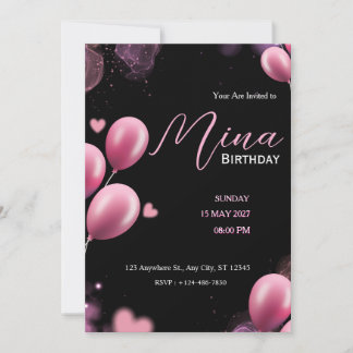 Convite rosa feminino brilho aniversário fofo preto