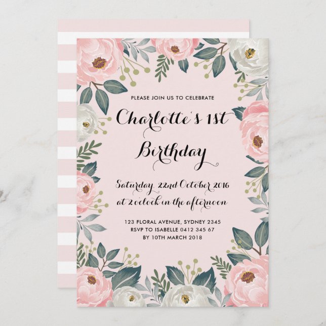 Convite Rosa feminino & festa de aniversário floral da (Frente/Verso)