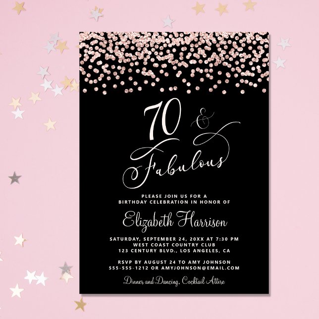 Convite Rosa Festa de aniversário 70 Dourada Brilho preto (Celebrate her 70 years of sparkle with an elegant glitter birthday party invitation )