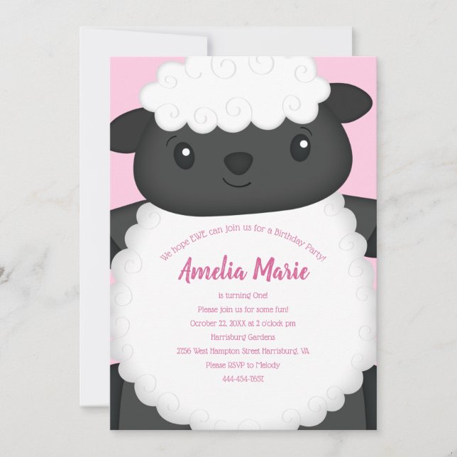 Convite Rosa Festa de aniversário Ovinos (Frente)