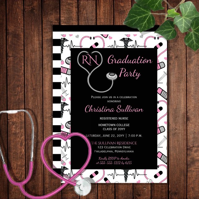 Convite Rosa | Festa de formatura de Enfermeira Médica Neg (Pink and Black Medical Nurse Nursing Graduation Party Invitation - Print and/or Download)