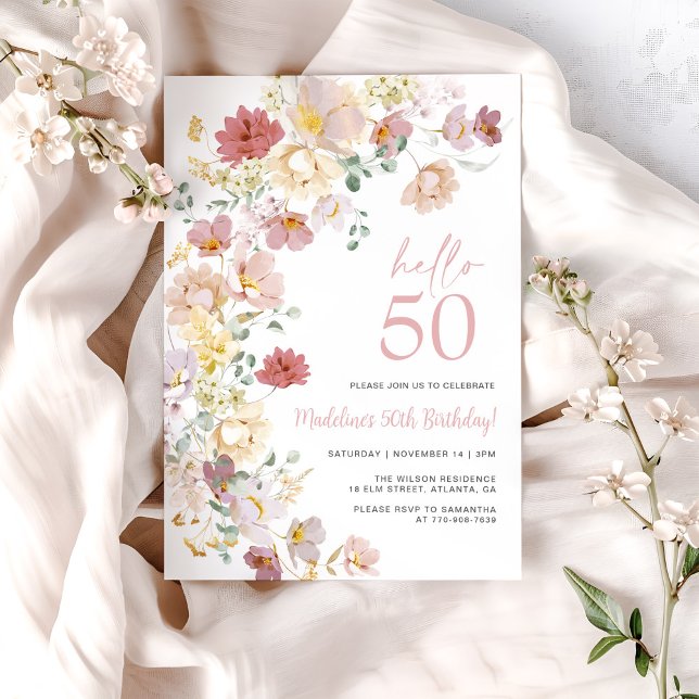 Convite Rosa Floral 50º Aniversário (Criador carregado)