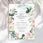 Convite Rosa Floral 60ª Festa de aniversário de Blush Femi<br><div class="desc">Um belamente feminino 60º convite de aniversário enquadrado em uma coroa de rosas de cor-de-água branca e rosa-claro e verde-direita. As combinações de cores são femininas e alegres para preparar seus convidados para uma feliz celebração. Personalize com seus detalhes de evento substituindo o texto de exemplo mostrado no modelo de...</div>