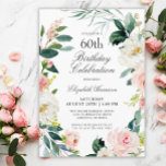 Convite Rosa Floral 60ª Festa de aniversário de Blush Femi<br><div class="desc">Um maravilhosamente feminino 60º convite de aniversário enquadrado em uma coroa de rosas de cor-de-água branca e cor-de-rosa esbranquiçada e verde-direita. As combinações de cores são femininas e alegres para preparar seus convidados para uma feliz celebração. Personalize com seus detalhes de evento substituindo o texto de exemplo mostrado no modelo...</div>