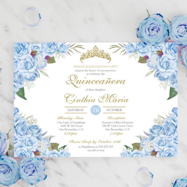 Convite Rosa Floral Azul Claro Cinderela Quinceanera (Criador carregado)