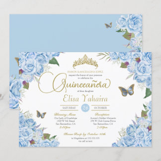 Convite Rosa Floral Azul Claro Tiara Borboleta Tiara Quinc
