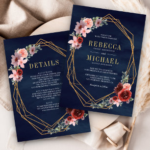 Convite Rosa Floral Borgonha Dourado Tudo em Um Casamento