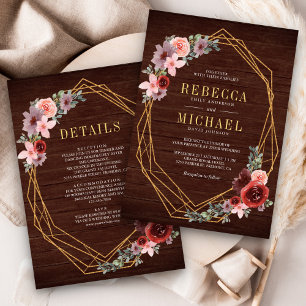 Convite Rosa Floral Borgonha Dourado Tudo em Uma Árvore Ca