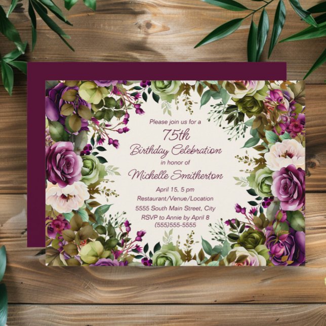 Convite Rosa Floral Botânico 75º Aniversário (Elegant purple watercolor floral 75th birthday party invitation)