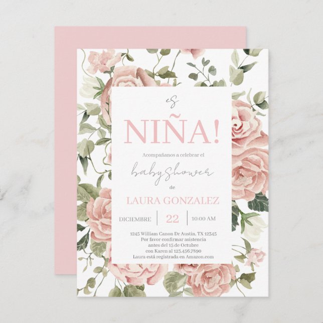 Convite Rosa Floral Chá de fraldas Girl espanhola (Frente/Verso)