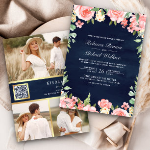 Convite Rosa Floral Código QR Foto Azul Marinho Casamento