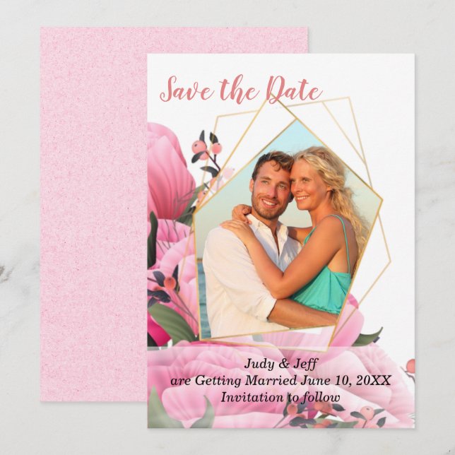 Convite Rosa Floral de Primavera Casamento Save the Date (Frente/Verso)