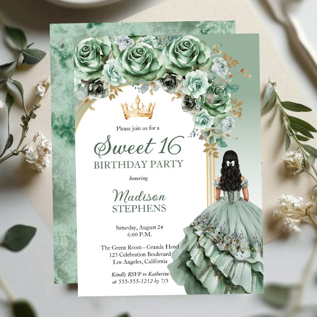 Convite Rosa Floral Doce Floral do Elegante Sage Green 16  (Elegant Sage Green Rose Floral Princess-Theme Brunette Dk Haired Sweet 16 Invitation )