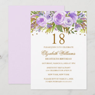 Convite Rosa Floral Dourada Roxa Aniversário de 18 anos
