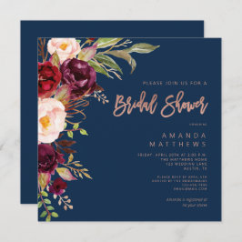 Convite Rosa Floral Dourado Chá de panela azul