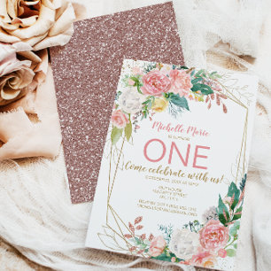 Convite Rosa Floral Dourado Rosa Vintage Primeiro Anivers