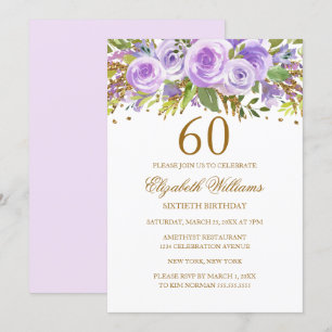 Convite Rosa Floral Dourado Roxo 60º Aniversário