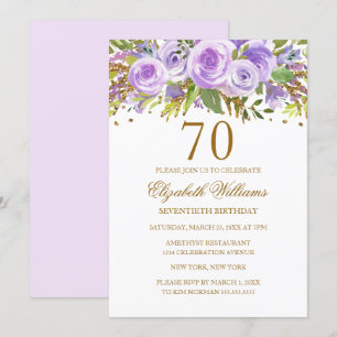 Convite Rosa Floral Dourado Roxo Aniversário de 70 anos