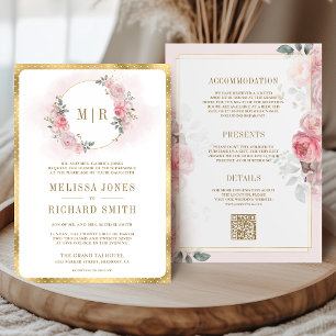 Convite Rosa Floral Dourado Suave Tudo em Um Casamento