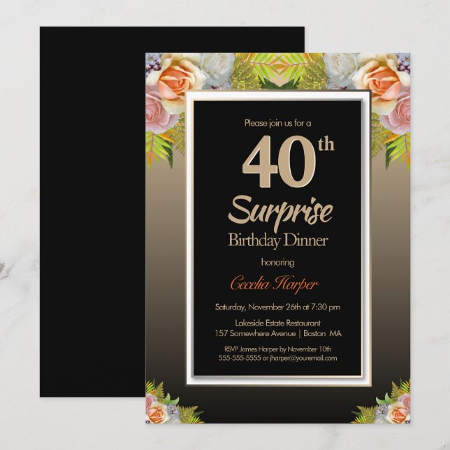 Convite Rosa Floral Dourado Surprise aniversário de 40 ano (Frente/Verso)