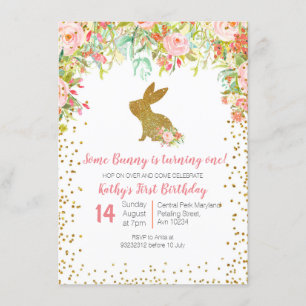 Convite Rosa Floral e Dourado Bunny Birthday