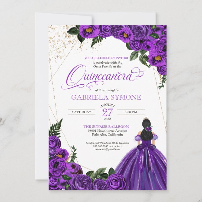 Convite Rosa Floral Elegante Roxo Quinceanera (Frente)