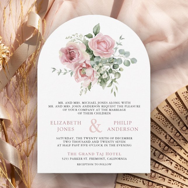 Convite Rosa Floral Eucalipto Código QR Foto Casamento (Criador carregado)
