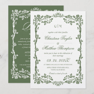 Convite Rosa Floral Francesa Delicada Verde Casamento