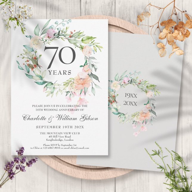 Convite Rosa Floral Garland 70 de Casamento (Roses Floral Garland 70th Wedding Anniversary Invitation)