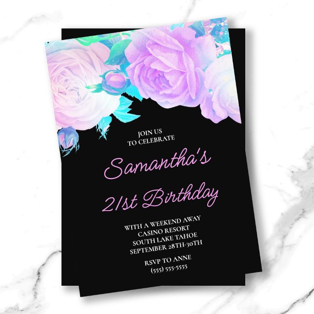 Convite Rosa Floral Iridescente e aniversário de 21 anos N (Iridescent Floral Pink and Black 21st Birthday Invitation)