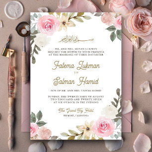 Convite Rosa Floral Islâmico Muçulmano Casamento Pastel Su