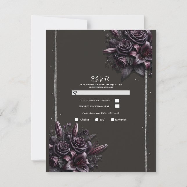 Convite Rosa Floral Lilás Preto Berry Roxo Casamento RSVP (Frente)