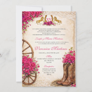 Convite Rosa Floral Menina Quinceañera Ocidental Cavalo Me