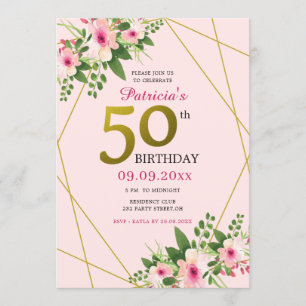 Convite Rosa Floral Moderno E 50º Aniversário Dourado