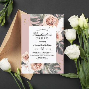 Convite Rosa Floral Moderno e Folha Tropical Verde & Orqu
