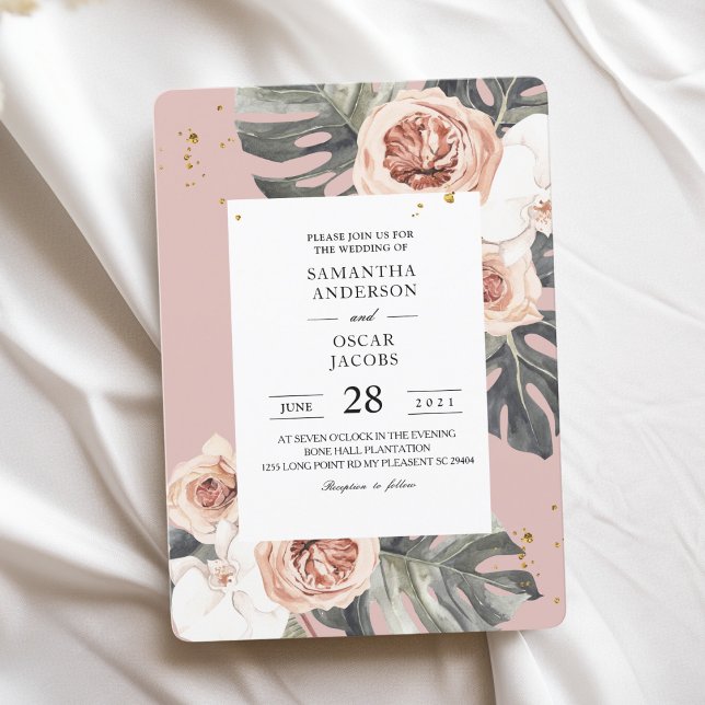 Convite Rosa Floral Moderno e Folha Tropical Verde & Orquí (Criador carregado)