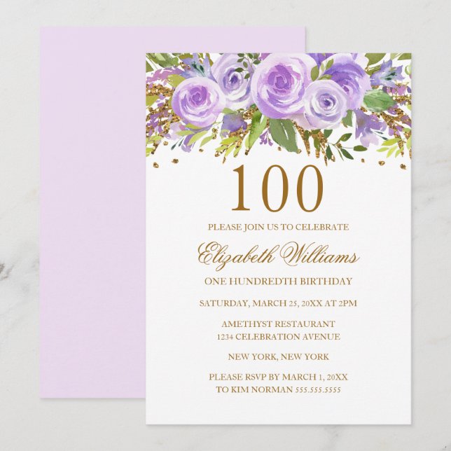 Convite Rosa Floral Ouro Roxo 100º Aniversário (Frente/Verso)
