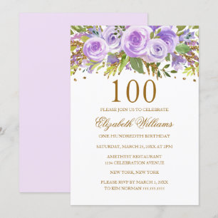 Convite Rosa Floral Ouro Roxo 100º Aniversário