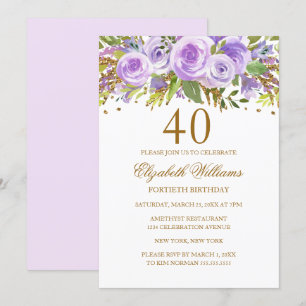 Convite Rosa Floral Ouro Roxo Aniversário de 40 anos