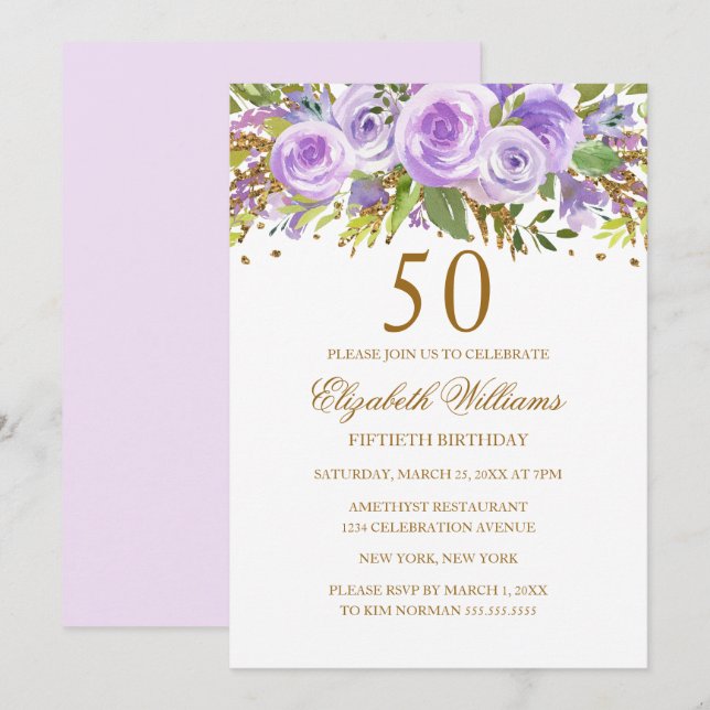 Convite Rosa Floral Ouro Roxo Aniversário de 50 anos (Frente/Verso)