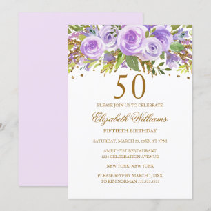 Convite Rosa Floral Ouro Roxo Aniversário de 50 anos