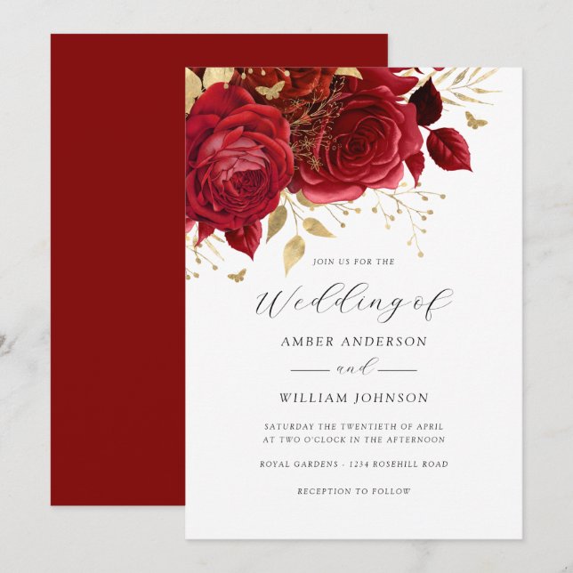 Convite Rosa Floral Ouro Vermelho Casamento   (Frente/Verso)