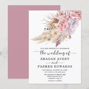 Convite Rosa Floral Pampas Grass e Casamento Roxo