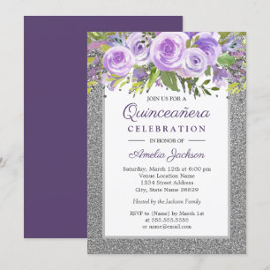 Convite Rosa Floral Prata Roxa Quinceanera