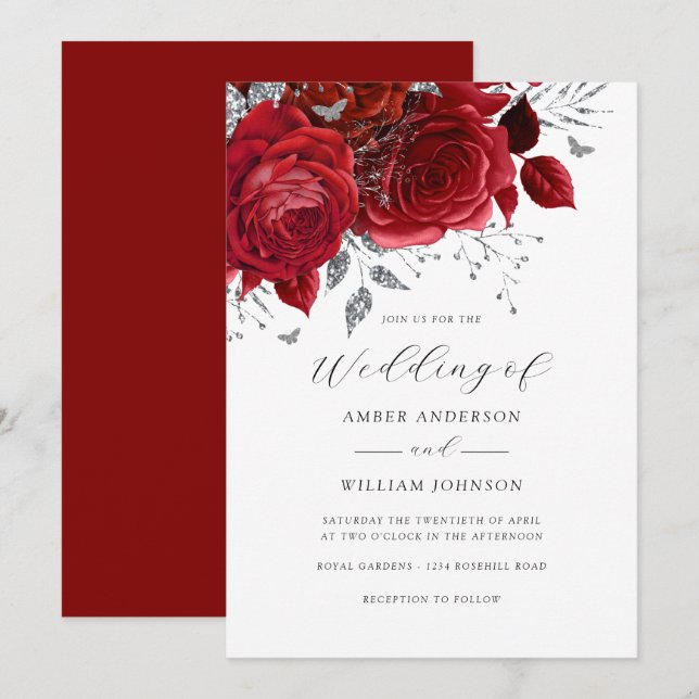 Convite Rosa Floral Prata Vermelha Casamento   (Frente/Verso)
