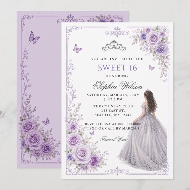 Convite Rosa Floral Princesa Doce 16 Prata Roxo (Frente/Verso)