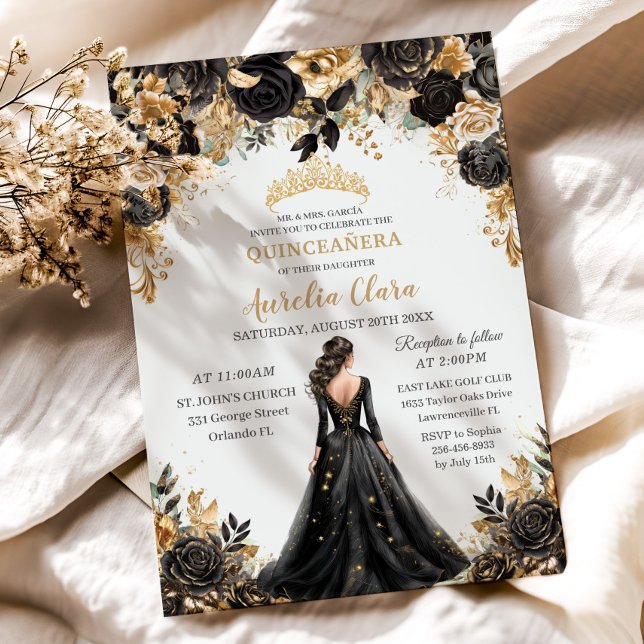 Convite Rosa Floral Princesa Dourada Negra Quinceañera (ornate baroque black and gold floral brunette girl black dress quinceanera birthday invitation cards)