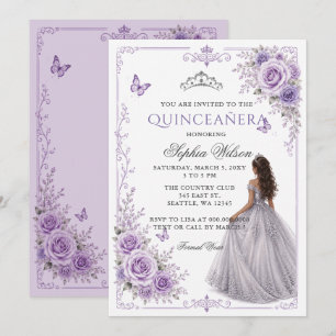Convite Rosa Floral Princesa Prata Roxo Quinceañera